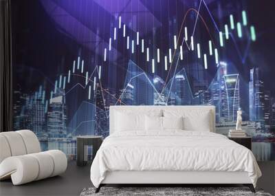 Financial chart on city scape with tall buildings background multi exposure. Analysis concept. Wall mural