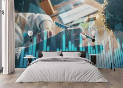 Financial forex charts displayed on woman's hand taking notes background. Concept of research. Double exposure Wall mural