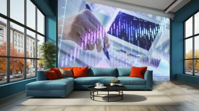 Financial forex graph drawn over hands taking notes background. Concept of research. Multi exposure Wall mural