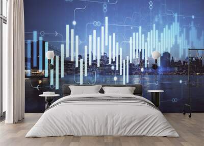 Financial graph on night city scape with tall buildings background double exposure. Analysis concept. Wall mural