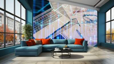 Financial market graph hologram and personal computer on background. Double exposure. Concept of forex. Wall mural