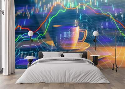 Financial market graph hologram and personal computer on background. Multi exposure. Concept of forex. Wall mural