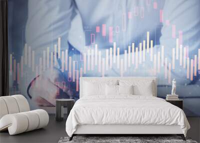 Financial trading chart multi exposure with man desktop background. Wall mural