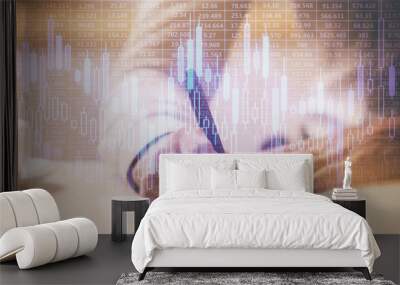 Financial trading chart multi exposure with man desktop background. Wall mural