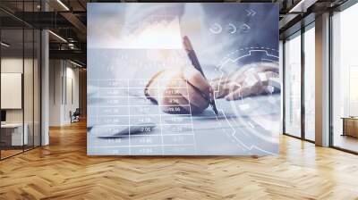 Financial trading chart multi exposure with man desktop background. Wall mural