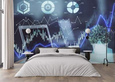 Forex Chart hologram on table with computer background. Double exposure. Concept of financial markets. Wall mural