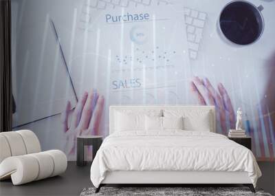 FOREX chart multi exposure with work table background. Wall mural