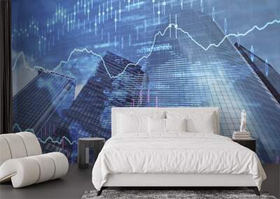 Forex chart on cityscape with skyscrapers wallpaper multi exposure. Financial research concept. Wall mural