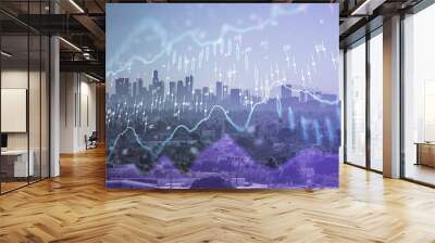 Forex chart on cityscape with skyscrapers wallpaper multi exposure. Financial research concept. Wall mural