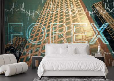 Forex chart on cityscape with tall buildings background multi exposure. Financial research concept. Wall mural