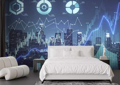 Forex chart on cityscape with tall buildings background multi exposure. Financial research concept. Wall mural