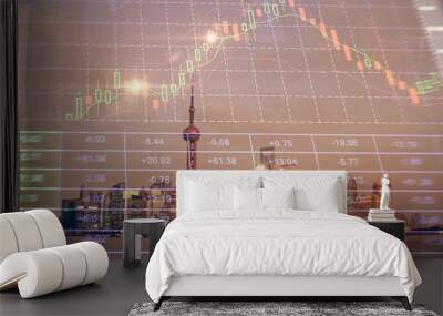 Forex chart on cityscape with tall buildings background multi exposure. Financial research concept. Wall mural