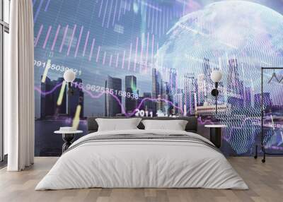 Forex chart on cityscape with tall buildings background multi exposure. Financial research concept. Wall mural