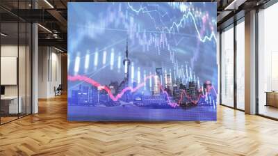 Forex chart on cityscape with tall buildings background multi exposure. Financial research concept. Wall mural