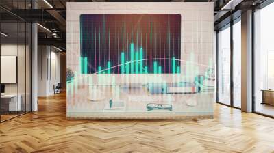 Forex graph hologram on table with computer background. Double exposure. Concept of financial markets. Wall mural