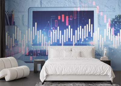 Forex graph hologram on table with computer background. Multi exposure. Concept of financial markets. Wall mural