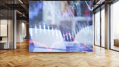 Forex graph hologram on table with computer background. Multi exposure. Concept of financial markets. Wall mural