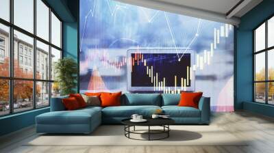 Forex graph hologram on table with computer background. Multi exposure. Concept of financial markets. Wall mural