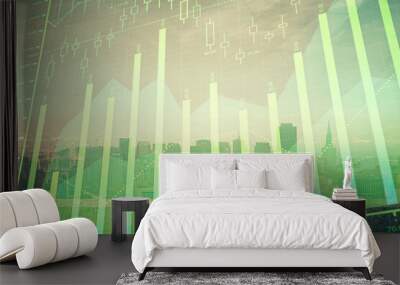 Forex graph on city view with skyscrapers background multi exposure. Financial analysis concept. Wall mural