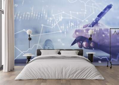 Forex graph on hand taking notes background. Concept of research. Multi exposure Wall mural