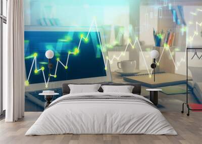 Forex market chart hologram and personal computer background. Double exposure. Concept of investment. Wall mural