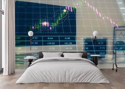 Forex market chart hologram and personal computer background. Double exposure. Concept of investment. Wall mural