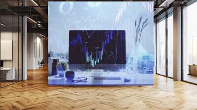 Forex market chart hologram and personal computer background. Double exposure. Concept of investment. Wall mural