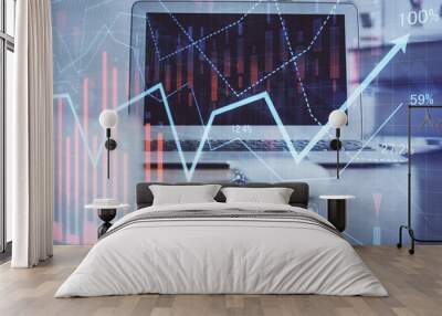 Forex market chart hologram and personal computer background. Multi exposure. Concept of investment. Wall mural