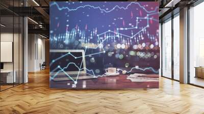 Forex market chart hologram and personal computer background. Multi exposure. Concept of investment. Wall mural