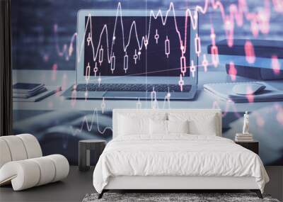 Forex market graph hologram and personal computer on background. Double exposure. Concept of investment. Wall mural