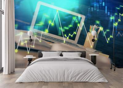 Forex market graph hologram and personal computer on background. Double exposure. Concept of investment. Wall mural