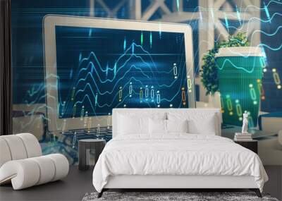 Forex market graph hologram and personal computer on background. Multi exposure. Concept of investment. Wall mural