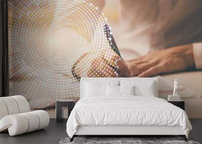 Man with multi exposure brain theme icons. Wall mural