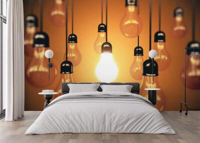 Many light bulbs and one glows Wall mural