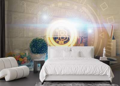 Multi exposure of blockchain and crypto economy theme hologram and table with computer background. Concept of bitcoin cryptocurrency. Wall mural