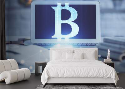 Multi exposure of blockchain and crypto economy theme hologram and table with computer background. Concept of bitcoin cryptocurrency. Wall mural