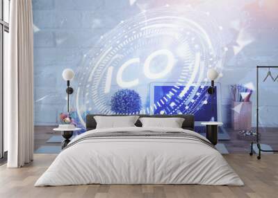 Multi exposure of blockchain and crypto economy theme hologram and table with computer background. Concept of bitcoin cryptocurrency. Wall mural