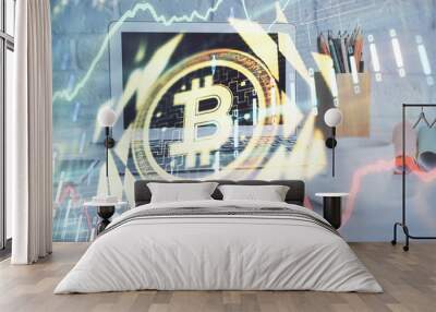 Multi exposure of blockchain and crypto economy theme hologram and table with computer background. Concept of bitcoin cryptocurrency. Wall mural