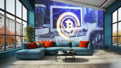 Multi exposure of blockchain and crypto economy theme hologram and table with computer background. Concept of bitcoin cryptocurrency. Wall mural