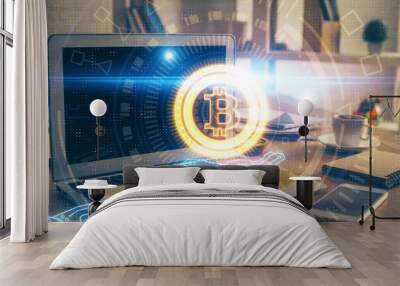 Multi exposure of blockchain theme hologram and table with computer background. Concept of bitcoin crypto currency. Wall mural