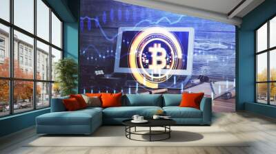 Multi exposure of blockchain theme hologram and table with computer background. Concept of bitcoin crypto currency. Wall mural