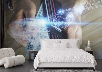 Multi exposure of brain drawing hologram and us dollars bills and man hands. Ai invest concept Wall mural