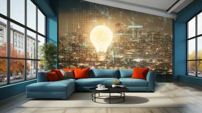 Multi exposure of bulb hologram drawing and cityscape background. Concept of idea. Wall mural