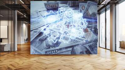 Multi exposure of business theme drawing over us dollars bill background. Concept of financial success. Wall mural