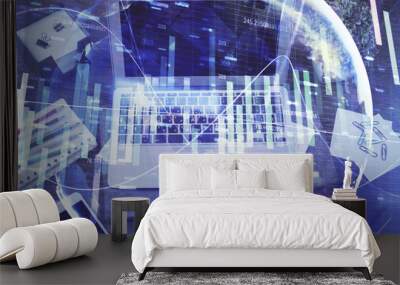 Multi exposure of business theme icons and work space with computer background. Concept of success. Wall mural