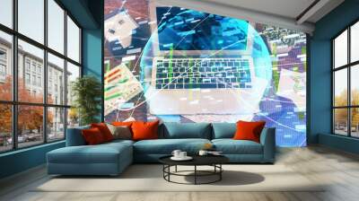 Multi exposure of business theme icons and work space with computer background. Concept of success. Wall mural