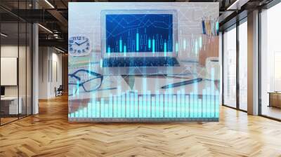 Multi exposure of chart and financial info and work space with computer background. Concept of international online trading. Wall mural