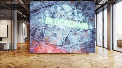 Multi exposure of crypto theme drawing over us dollars bill background. Concept of blockchain success. Wall mural