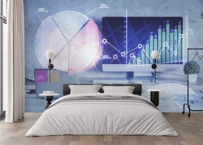 Multi exposure of financial graph drawing and office interior background. Concept of market analysis. Wall mural