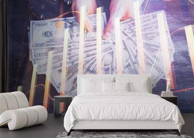 Multi exposure of financial graph drawing hologram and USA dollars bills and man hands. Analysis concept. Wall mural